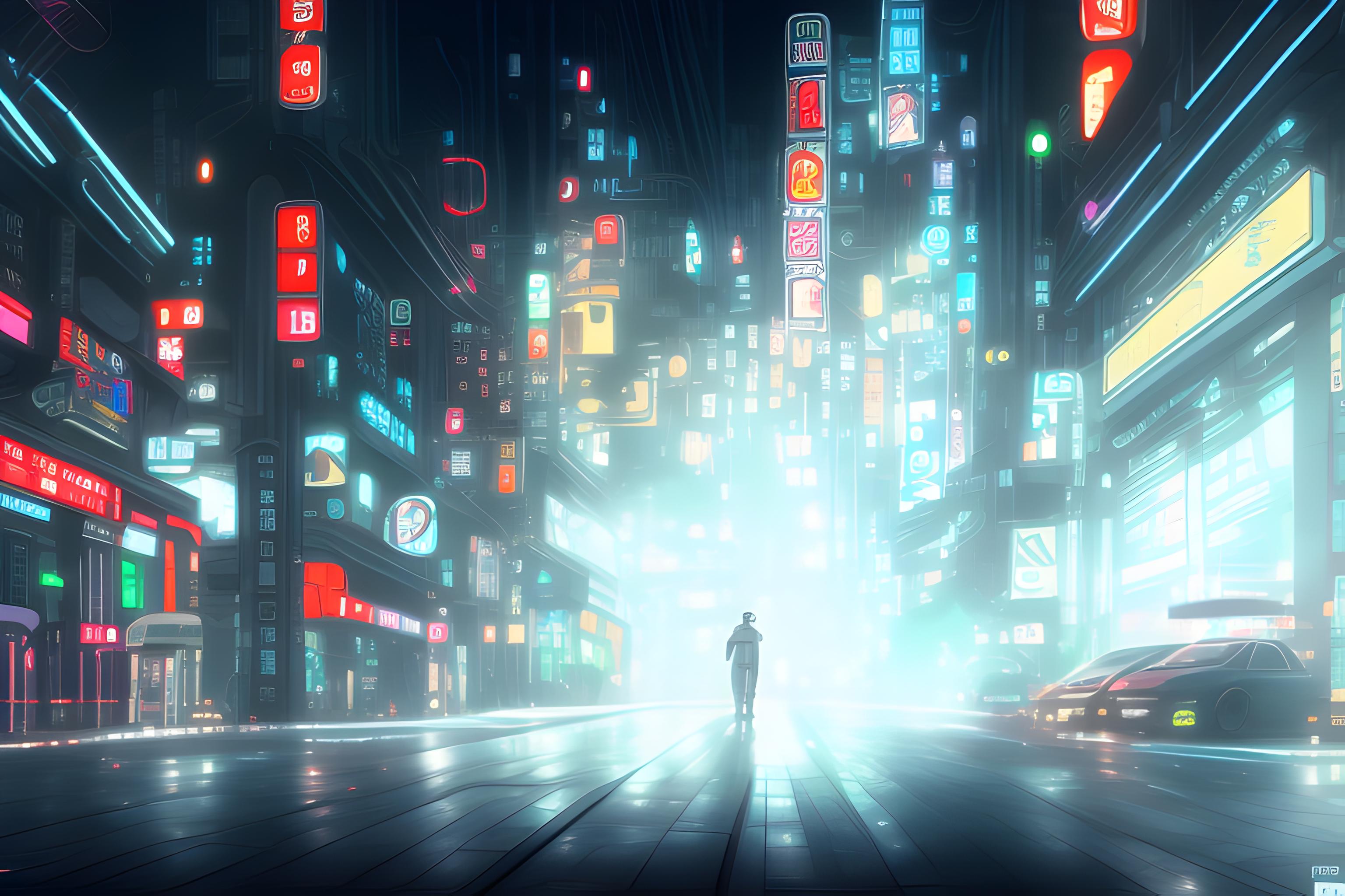 une rue de tokyo style cyberpunk mais dessiner facon ghibli avec le logo de fedora linux 